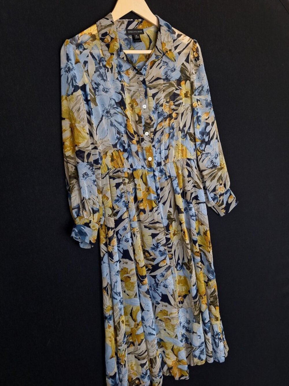 💙 Stella & Julie Floral Shirt Dress Size 8 Blue Yellow Button Front Long Sleeve - Picture 5 of 8